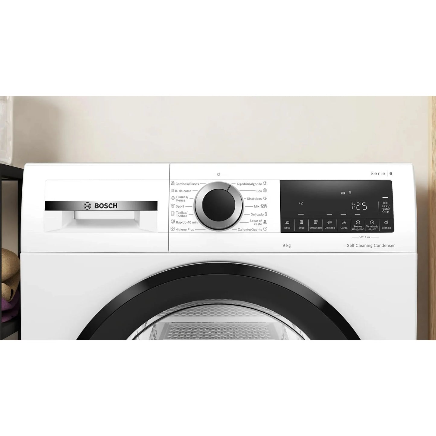 Bosch WQG245D0ES heat pump dryer, Serie 6, 9 kg capacity, featuring AutoDry and self-cleaning condenser in white.