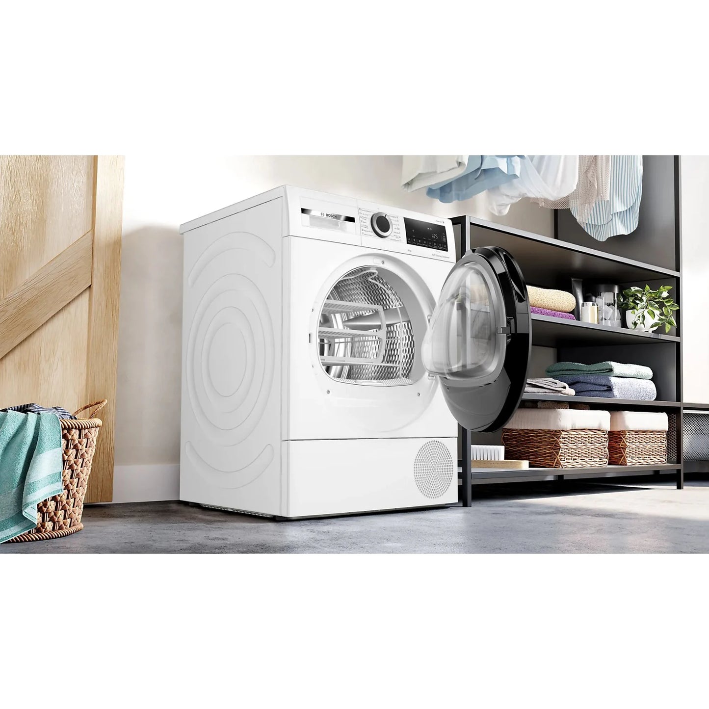 Bosch WQG245D0ES heat pump dryer, 9 kg capacity, white, featuring AutoDry and self-cleaning condenser.