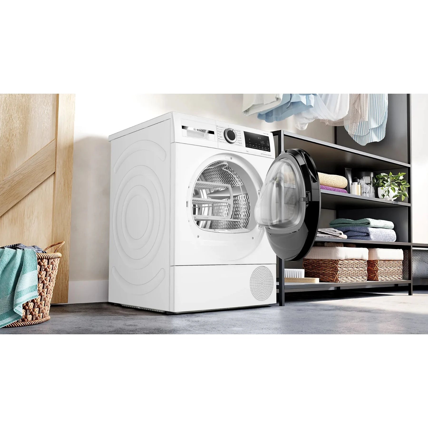 Bosch WQG245D0ES heat pump dryer, 9 kg capacity, white, featuring AutoDry and self-cleaning condenser.