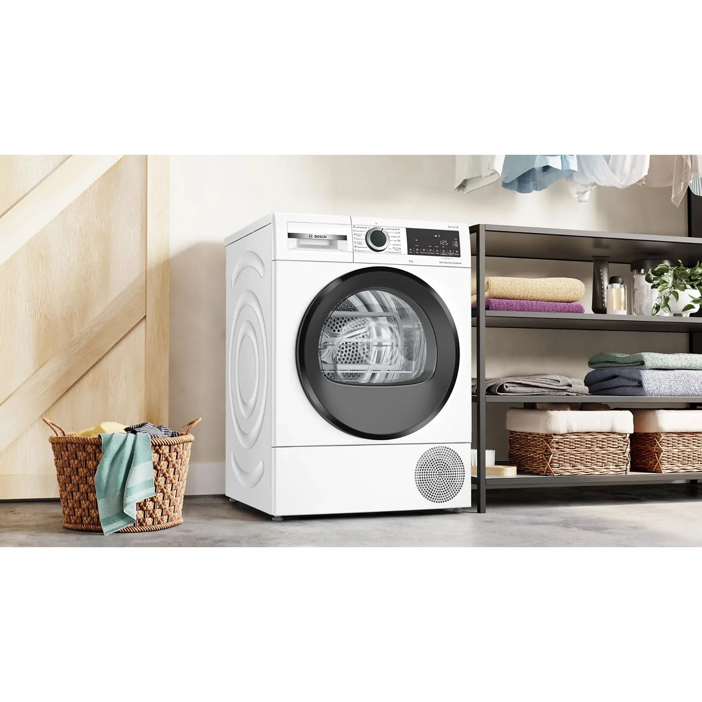 Bosch WQG245D0ES heat pump dryer, Serie 6, 9 kg capacity, featuring AutoDry and self-cleaning condenser, in white.
