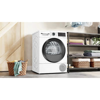 Bosch WQG245D0ES heat pump dryer, Serie 6, 9 kg capacity, featuring AutoDry and self-cleaning condenser, in white.