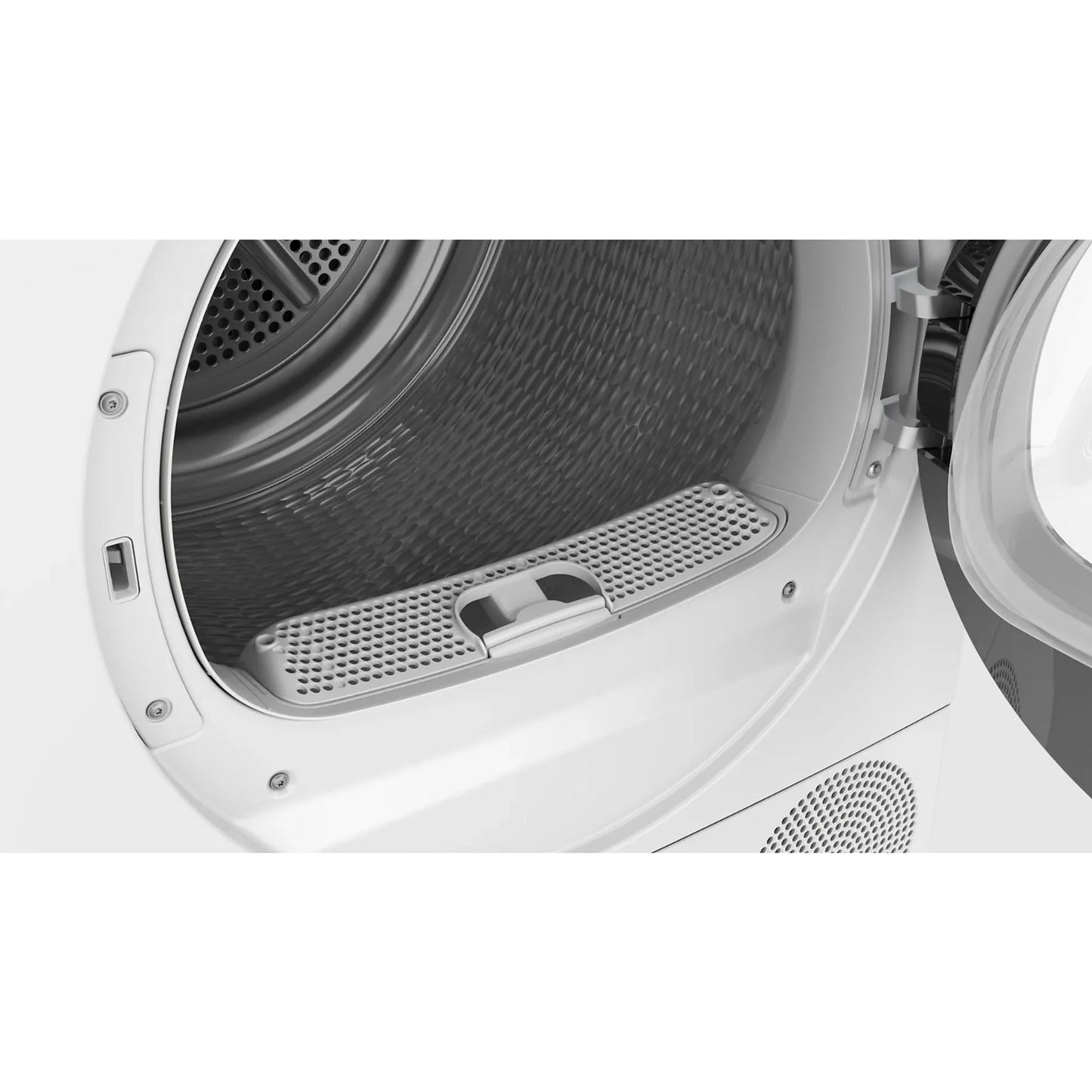 Bosch WQG245D0ES heat pump dryer in white with 9 kg capacity and 15 programs, featuring AutoDry and self-cleaning condenser.