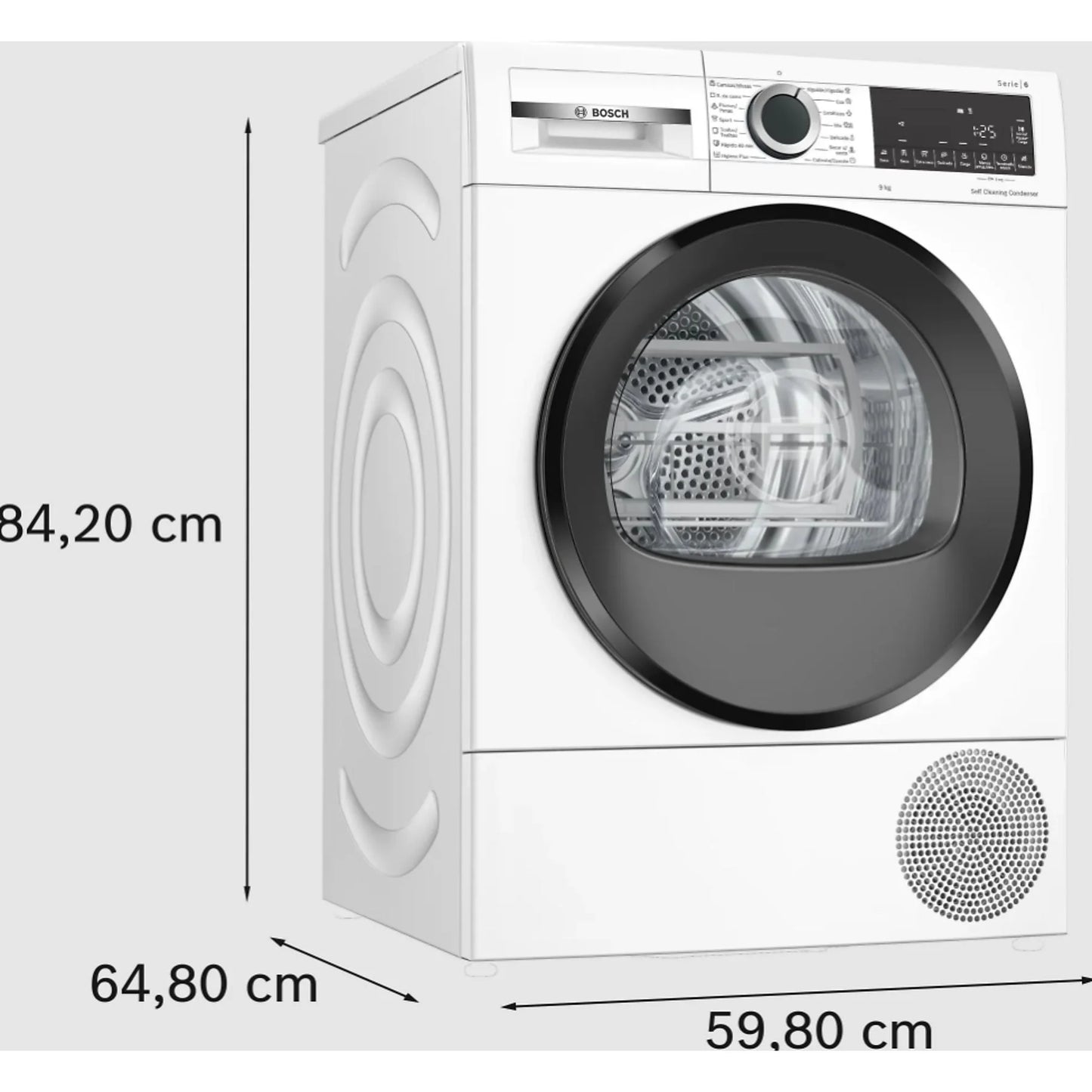 Bosch Serie 6 9kg bomba de calor secadora WQG245D0ES con 15 programas y condensador autolimpiante en blanco.