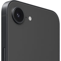 Apple iPhone 16e in black, featuring a 6.1" OLED Super Retina XDR display and 128 GB storage, 5G, and A18 chip.