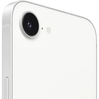 Apple iPhone 16e in white, featuring a 6.1" OLED Super Retina XDR display and 128 GB storage, showcasing sleek design.