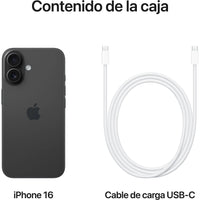 Apple iPhone 16 in black, featuring a 6.1" OLED Super Retina XDR display and A18 Bionic chip, 128 GB storage.