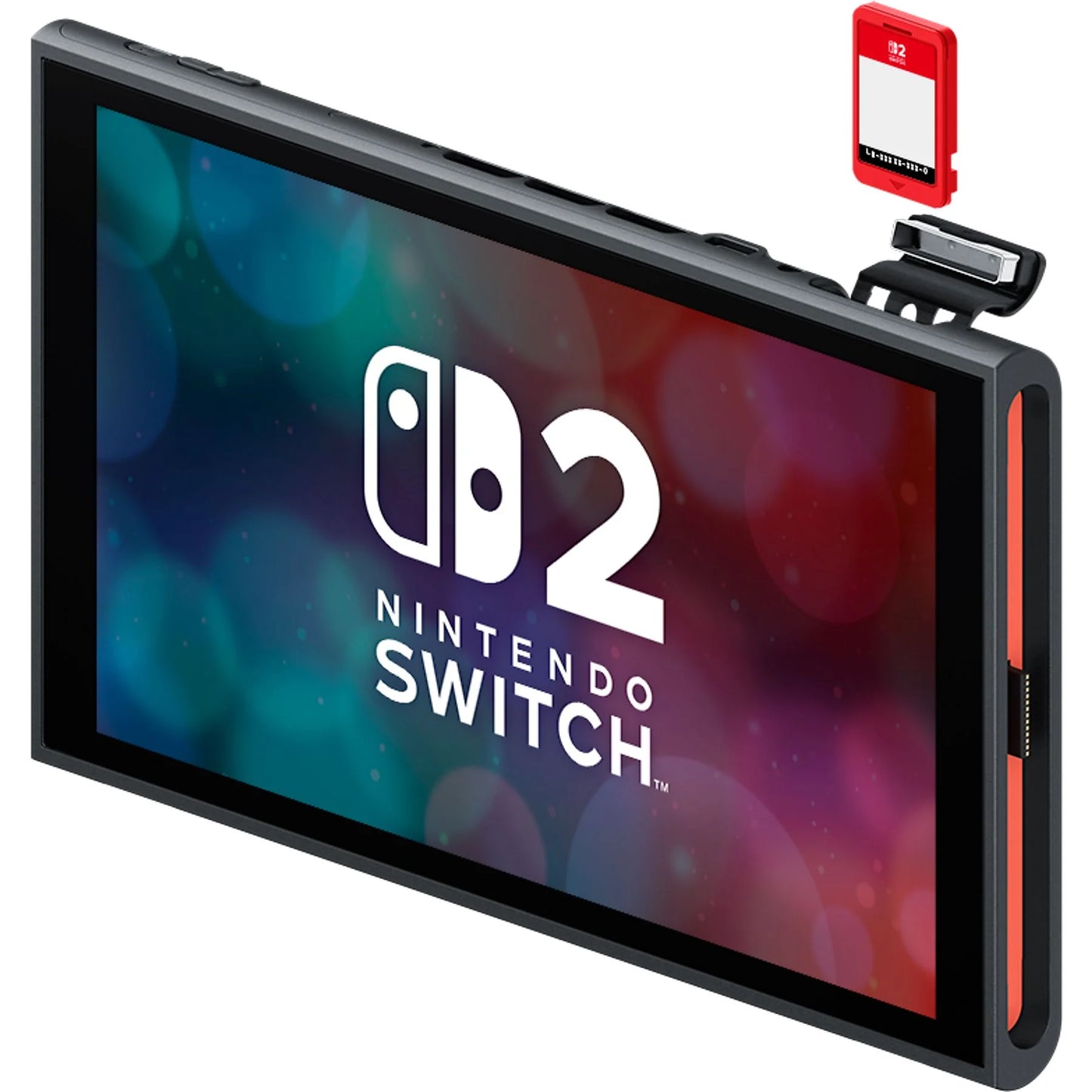 Nintendo Switch 2 console with 7.9” Full HD HDR display, 256 GB storage, and magnetic Joy-Con in blue and neon red.