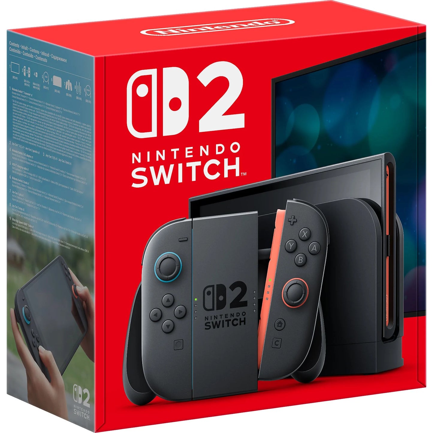 Nintendo Switch 2 console with 7.9” Full HD HDR display, 256 GB, and blue/red neon magnetic Joy-Con controllers.