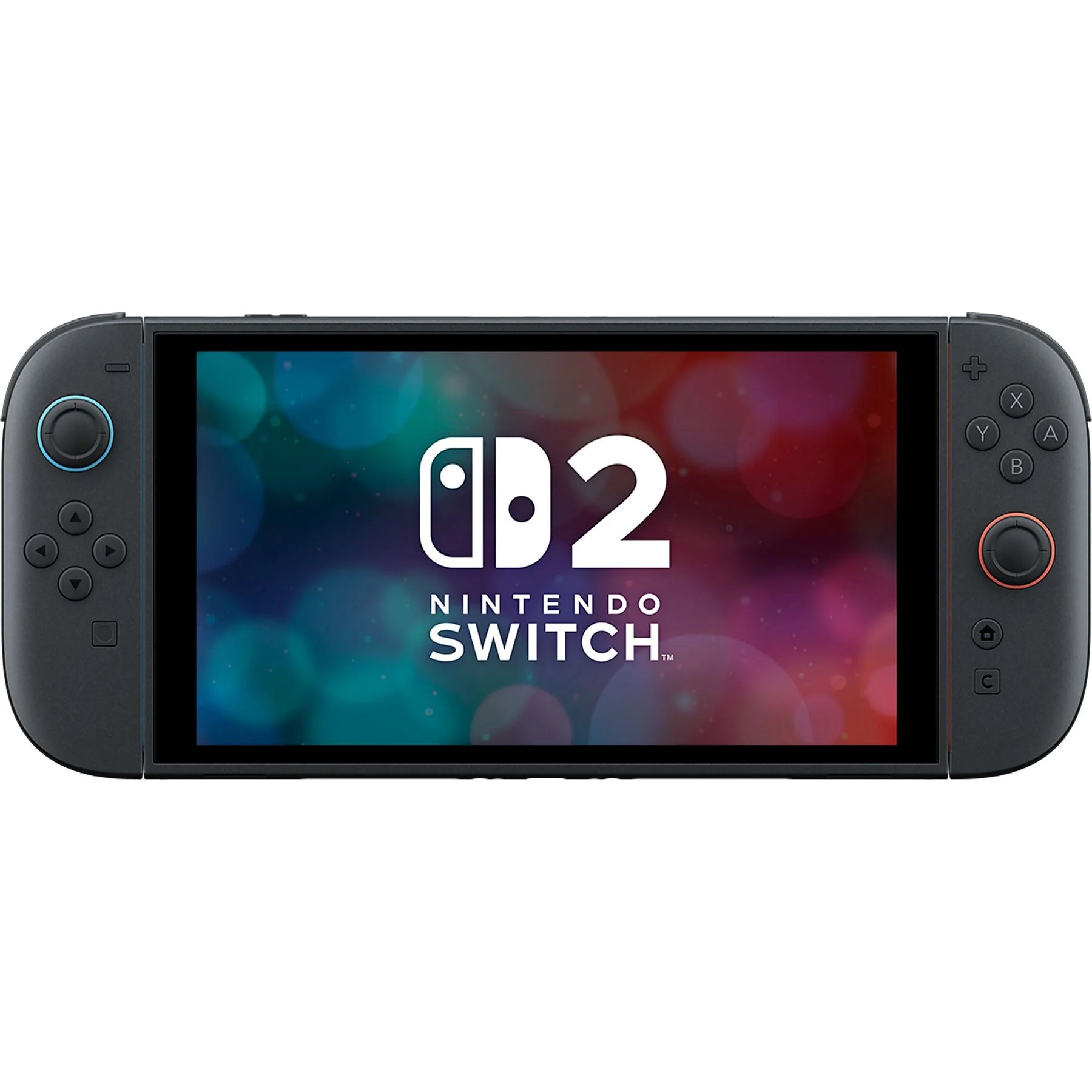Nintendo Switch 2 console in blue and neon red, featuring 7.9” Full HD HDR screen and magnetic Joy-Con controllers.