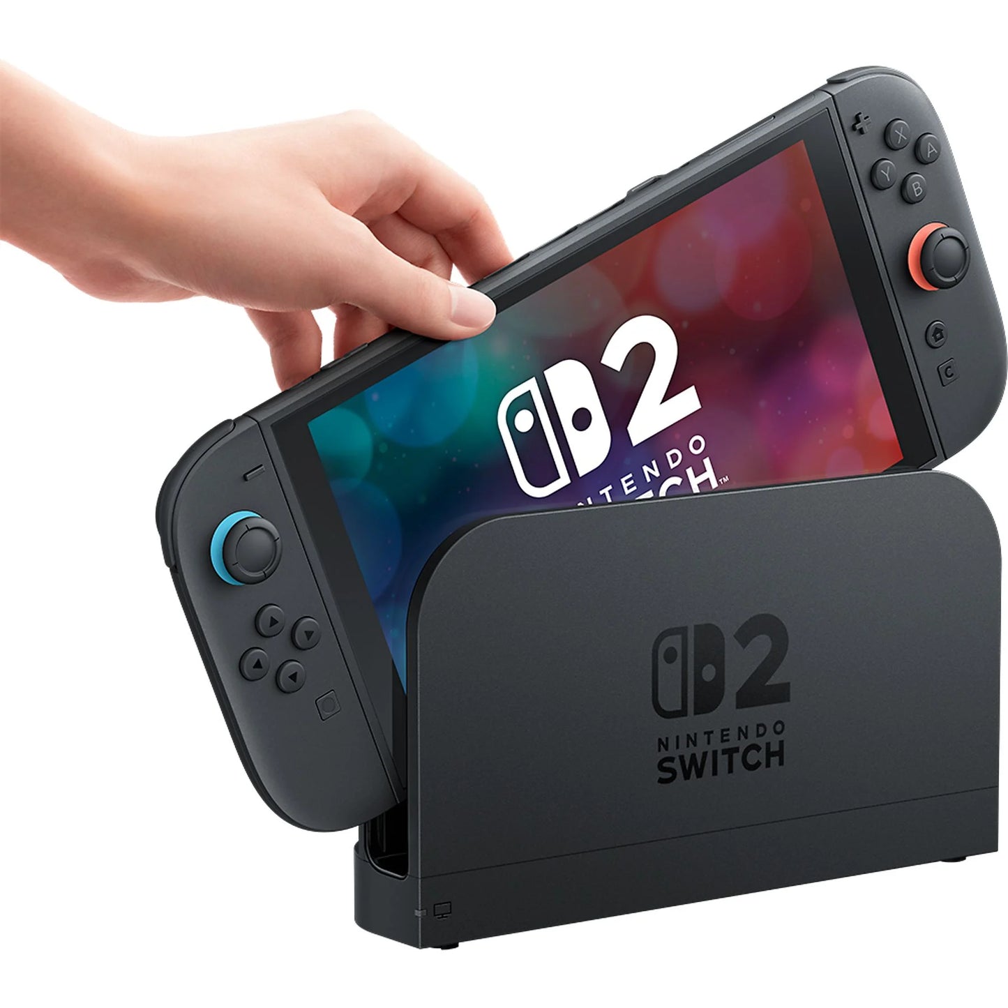 Nintendo Switch 2 console in blue and neon red with 7.9" Full HD display and magnetic Joy-Con controllers.