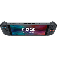 Nintendo Switch 2 console with 7.9” Full HD display, magnetic Joy-Con controllers in blue and neon red, and Mario Kart game.
