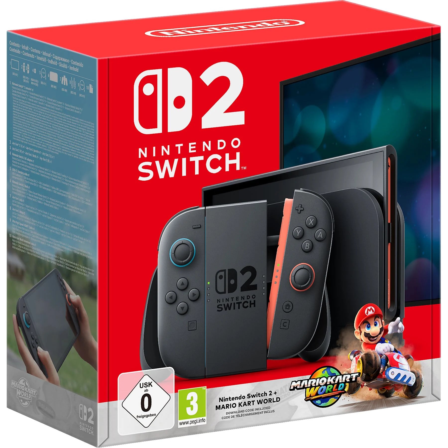 Nintendo Switch 2 console in blue and neon red, 7.9” Full HD HDR display, with Magnetic Joy-Con and Mario Kart game.