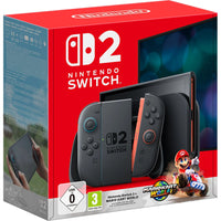 Nintendo Switch 2 console in blue and neon red, 7.9” Full HD HDR display, with Magnetic Joy-Con and Mario Kart game.