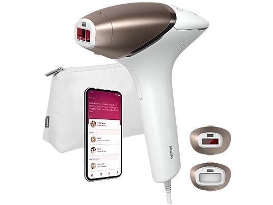 Philips Lumea S8000 IPL hair removal device with two heads for face and body, showcasing sleek design and user-friendly features.