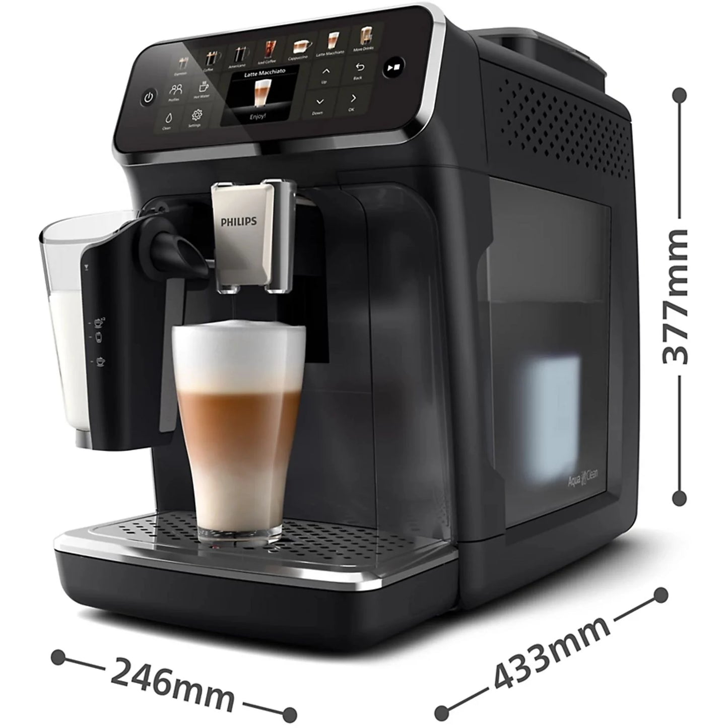 Philips EP4441/50 superautomatic coffee machine with LatteGo, touchscreen, and AquaClean filter in black.
