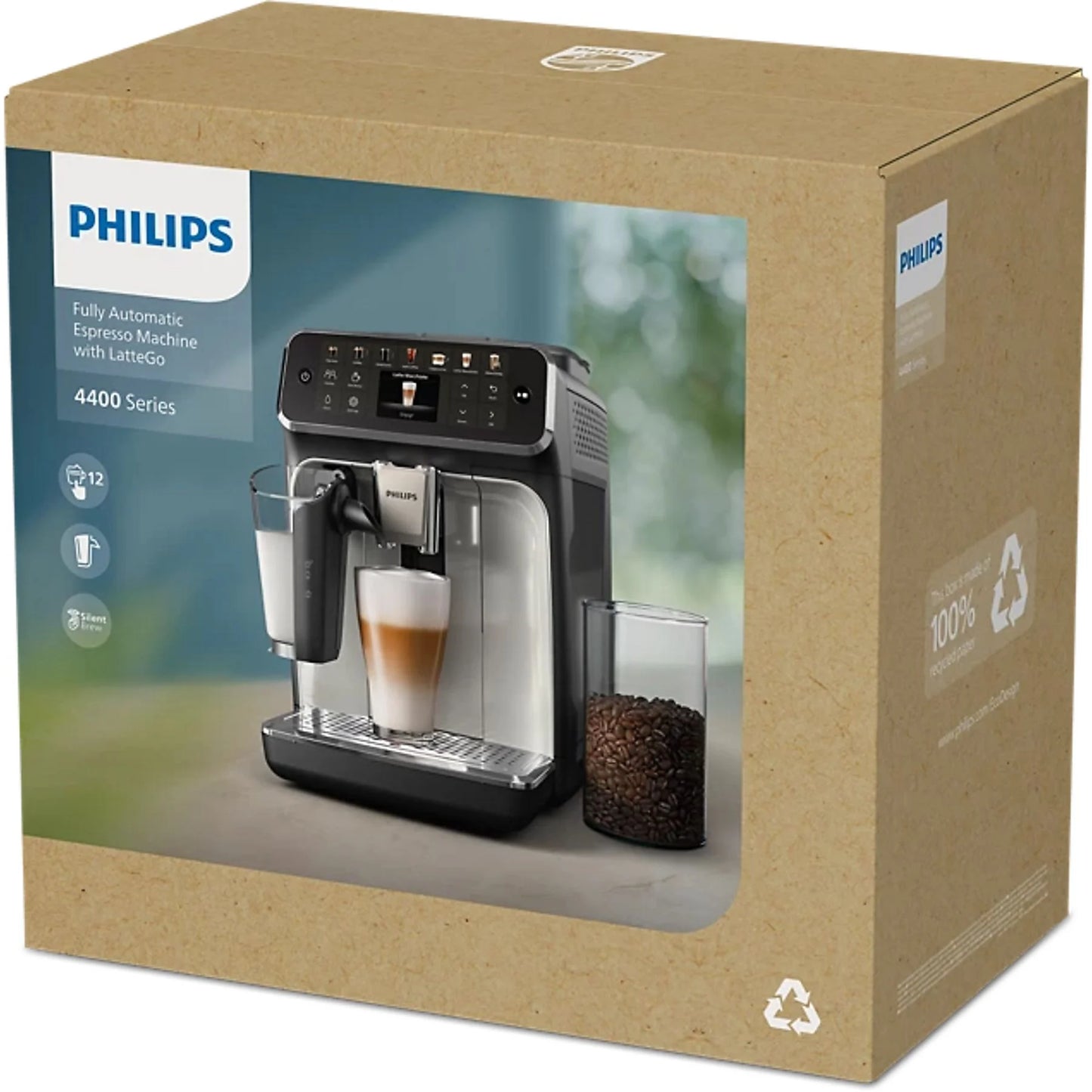 Philips EP4441/50 superautomatic coffee machine with LatteGo, touch screen, and AquaClean filter in black.