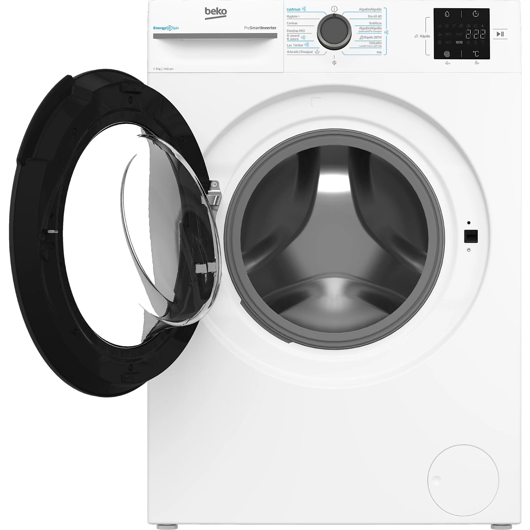 Beko frontal load washer VBM3WFT39413WA in white, featuring 9 kg capacity, 1400 rpm, and 15 wash programs.