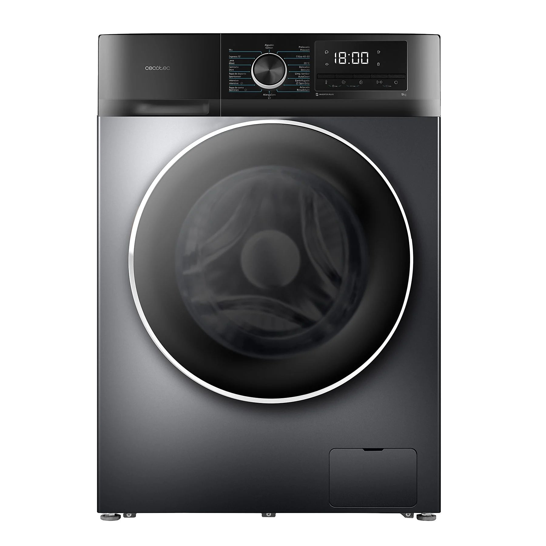 Cecotec Bolero DressCode 9500 Inverter front-loading washing machine in steel, 9 kg capacity, 1400 rpm, steam function.