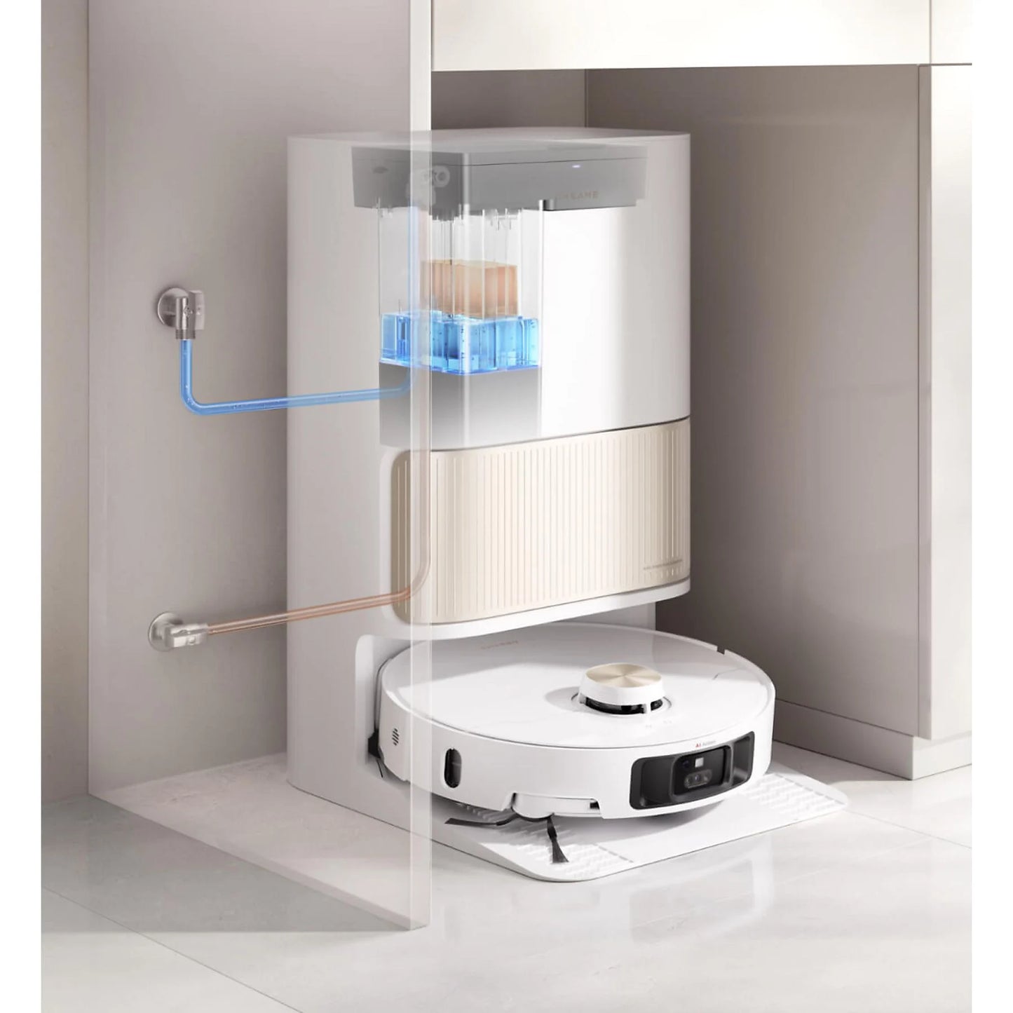 Dreame L40 Ultra robot friegasuelos in white with LDS, RGB lights, and 5200 mAh battery, showcasing sleek design.