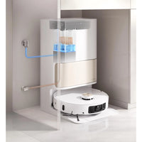 Dreame L40 Ultra robot friegasuelos in white with LDS, RGB lights, and 5200 mAh battery, showcasing sleek design.