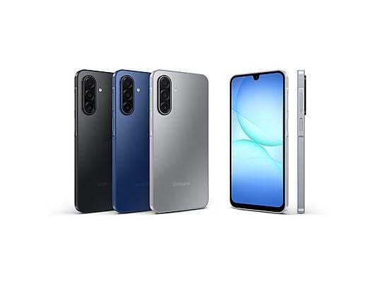 Samsung Galaxy A17 5G móvil in blue, featuring a 6.7" FHD+ Super AMOLED display and 256 GB storage.