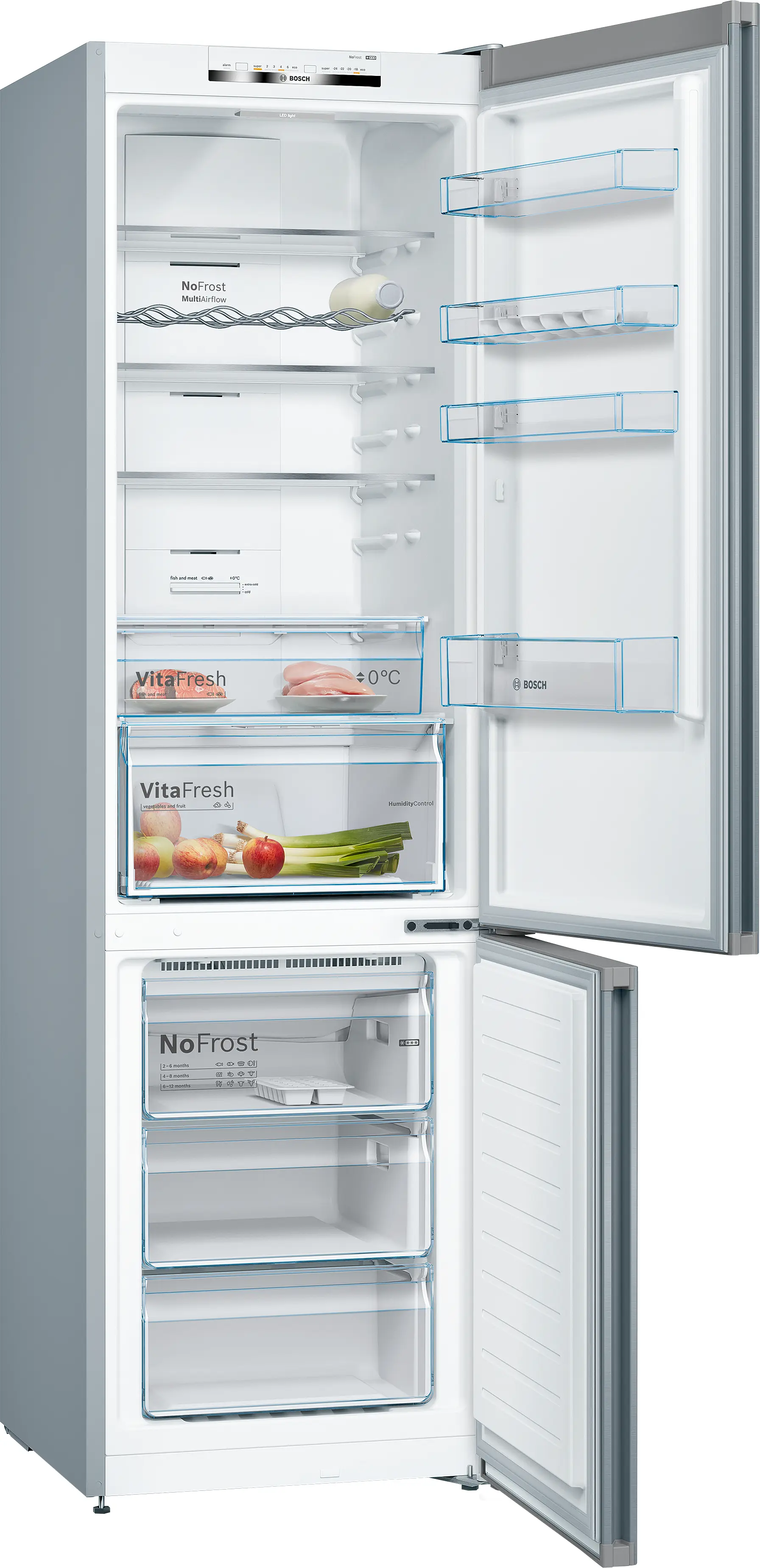 Bosch KGN39VIEB combi refrigerator with Total NoFrost, VitaFresh drawer, and fingerprint-resistant stainless steel finish.