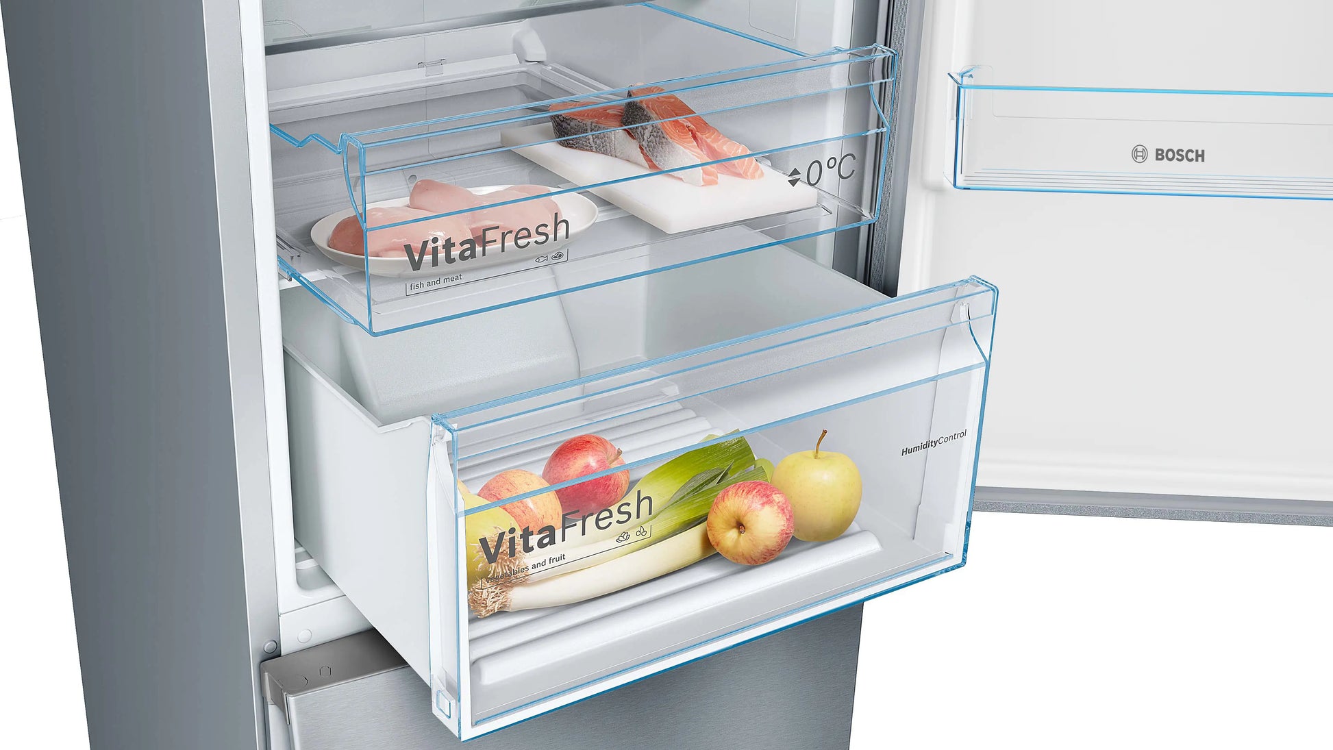 Bosch KGN39VIEB combi refrigerator in stainless steel with VitaFresh drawer and Total NoFrost feature, 203 cm tall.