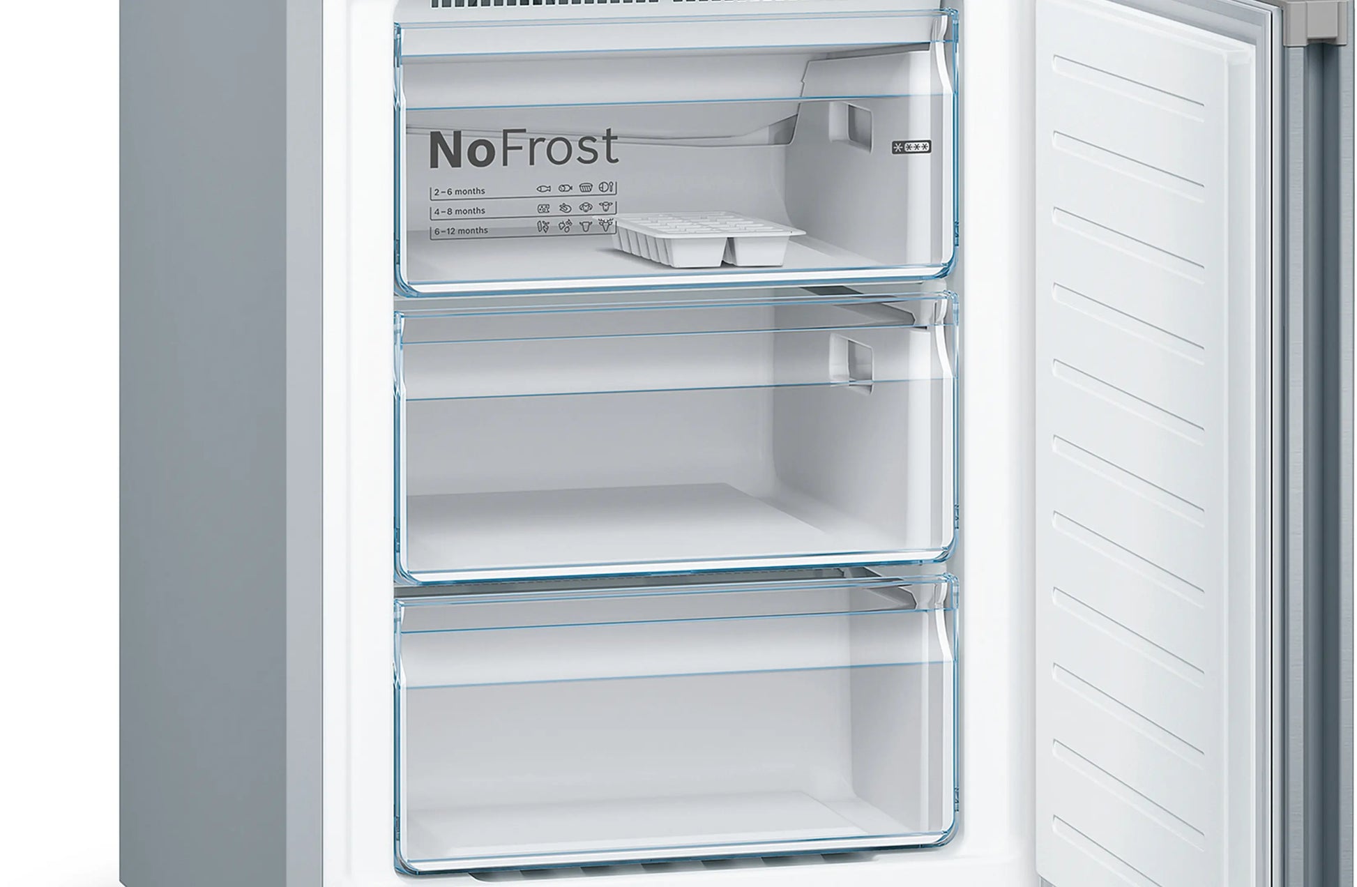 Bosch KGN39VIEB combi refrigerator with Total NoFrost, VitaFresh drawer, and fingerprint-resistant steel finish.