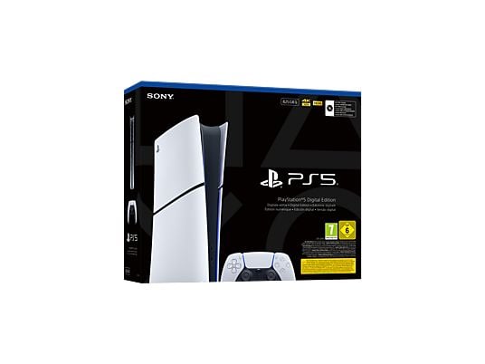 Sony PS5 Slim Digital Edition console in white, featuring 825 GB SSD, 4K capabilities, and one controller.