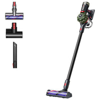 Dyson V8™ Cyclone stick vacuum in black with 150W suction power and 60 minutes of runtime, featuring various accessories.