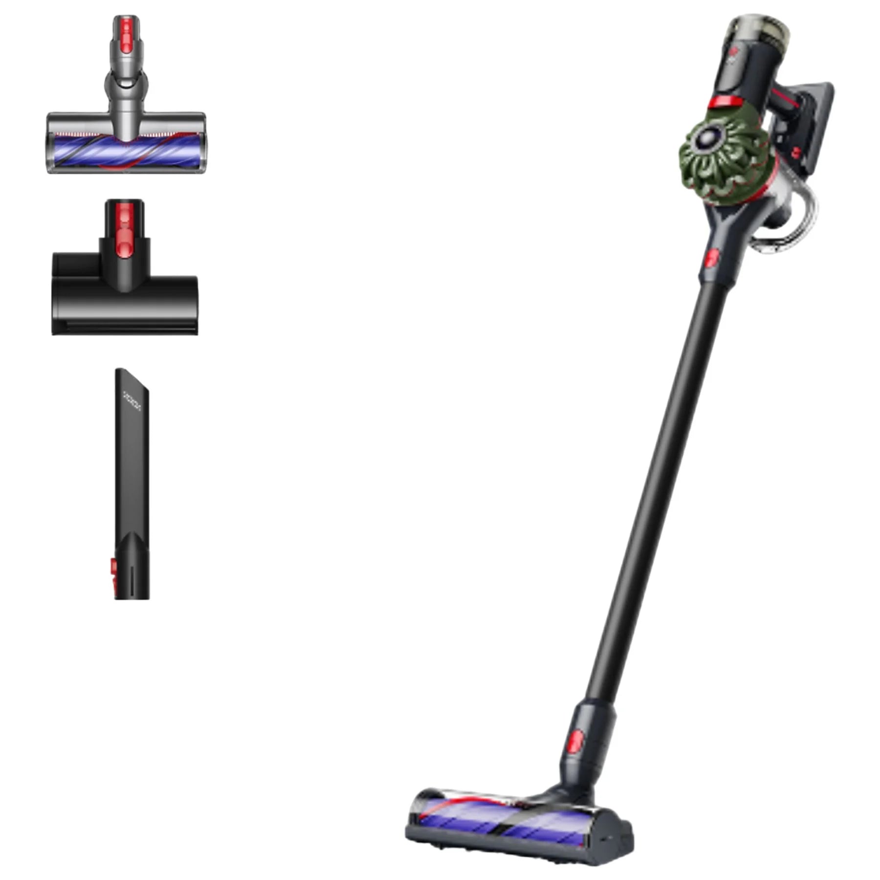 Dyson V8™ Cyclone stick vacuum in black with 150W suction power and 60 minutes of runtime, featuring various accessories.