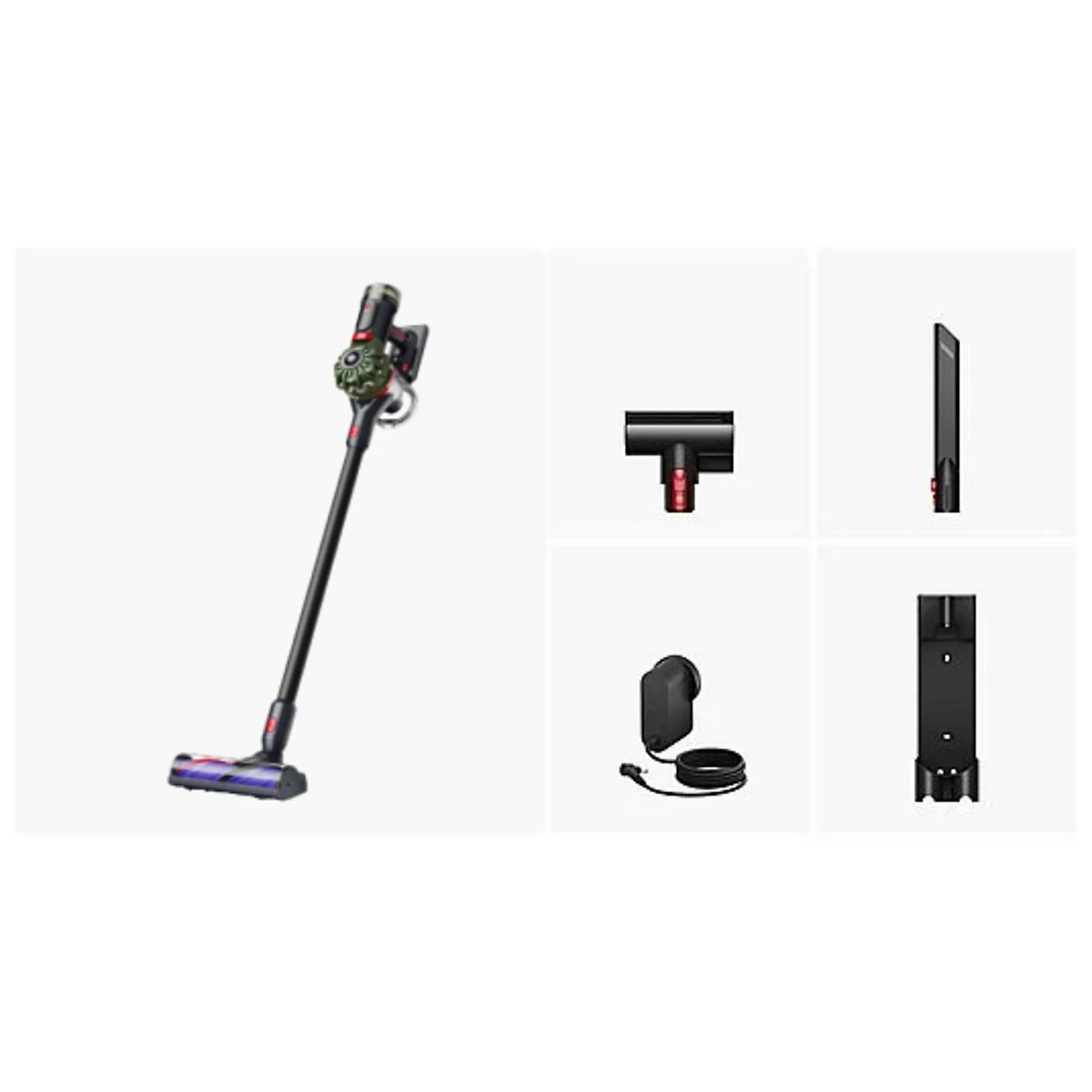 Dyson V8™ Cyclone cordless vacuum cleaner in black with 150W suction power and 60-minute runtime, featuring accessories.