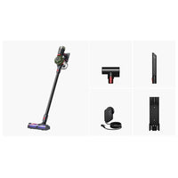 Dyson V8™ Cyclone cordless vacuum cleaner in black with 150W suction power and 60-minute runtime, featuring accessories.