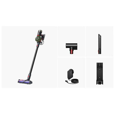 Dyson V8™ Cyclone cordless vacuum cleaner in black with 150W suction power and 60-minute runtime, featuring accessories.