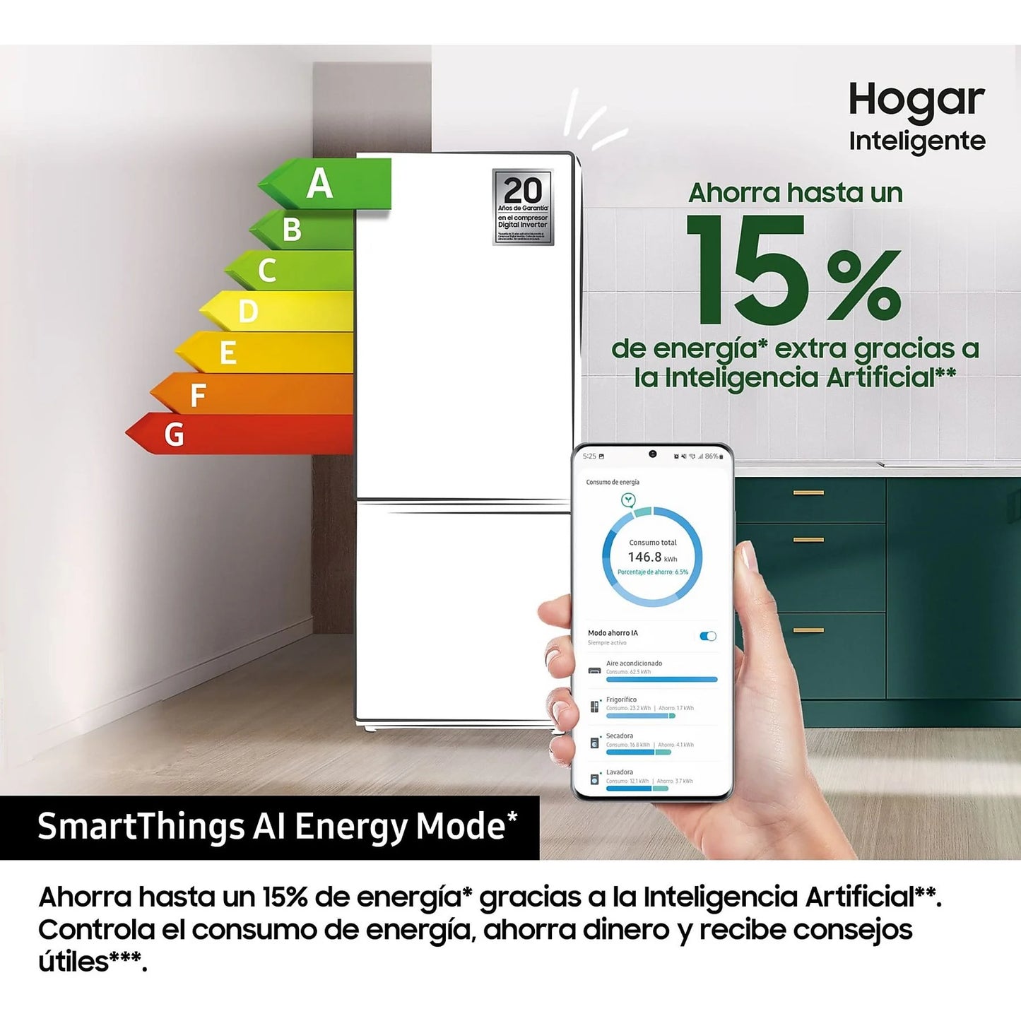 Samsung RB38C705CS9/EF fridge with all-around cooling, 203 cm tall, 390 l capacity, and stainless steel finish.