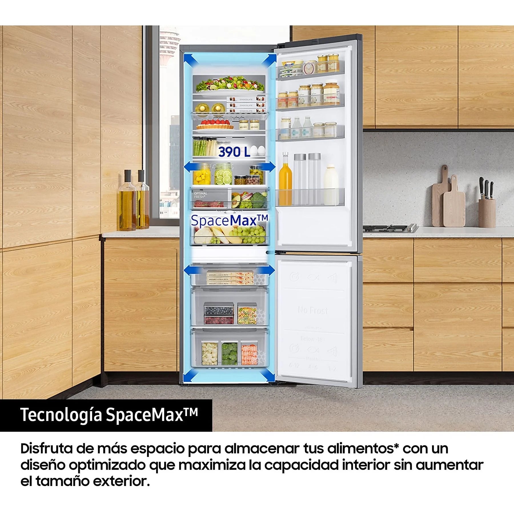 Samsung RB38C705CS9/EF combi refrigerator with All Around Cooling, 203 cm tall, 390 l capacity, and stainless steel finish.