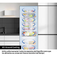 Samsung RB38C705CS9/EF combi fridge in inox, featuring All Around Cooling, 203 cm height and 390 l capacity.