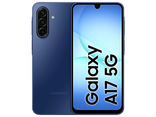 Samsung Galaxy A17 5G smartphone in blue with 256 GB storage, 8 GB RAM, and 6.7" FHD+ Super AMOLED display.