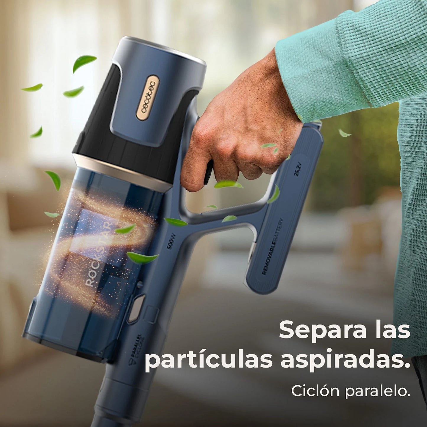 Cecotec Conga Rockstar RS70 Pet Flex cordless vacuum cleaner in black and gold, featuring an animal brush and 500W power.