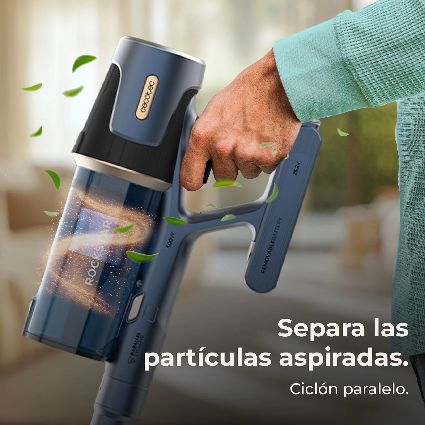 Cecotec Conga Rockstar RS70 Pet Flex cordless vacuum cleaner in black and gold, featuring an animal brush and 500W power.