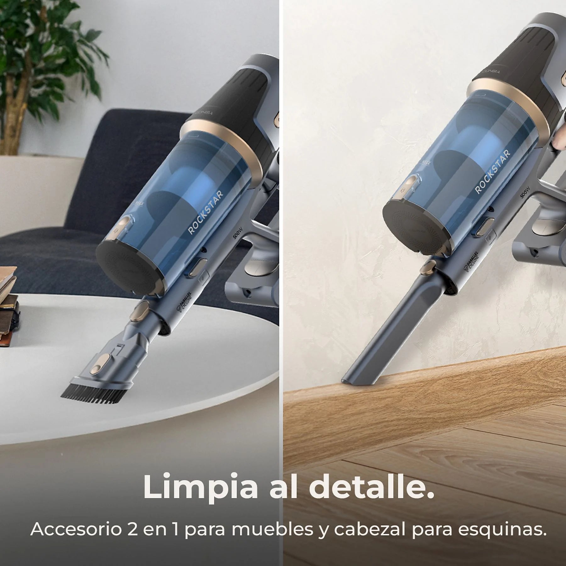 Cecotec Conga Rockstar RS70 Pet Flex cordless vacuum with pet brush, black and gold design, showcasing its sleek body.