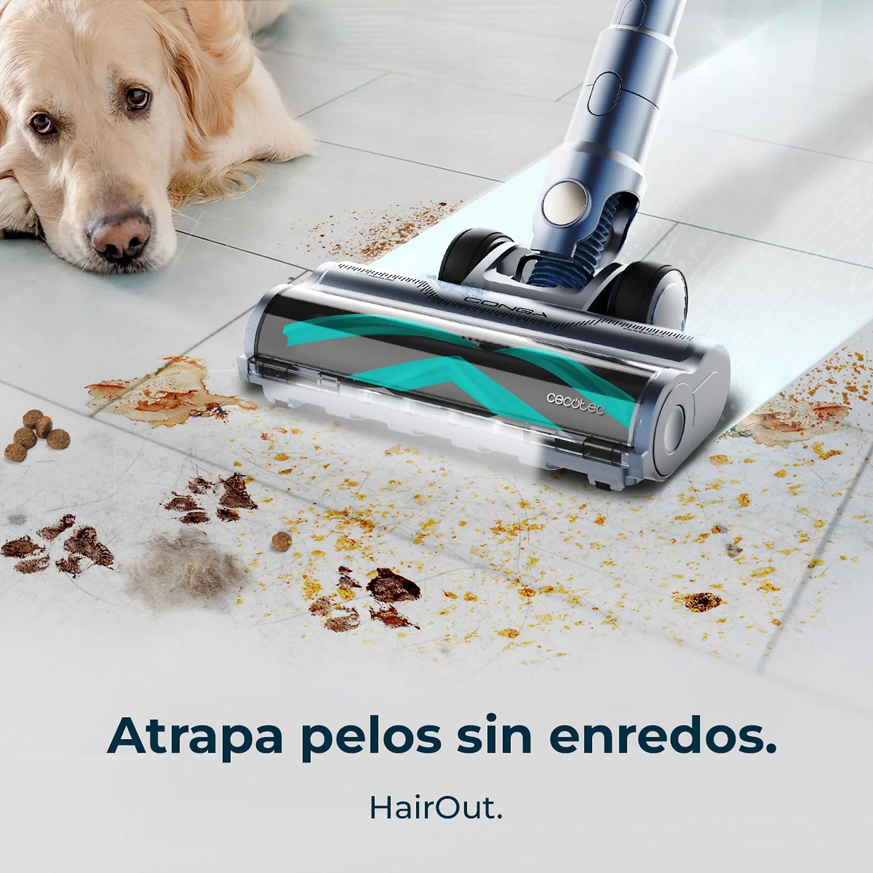 Aspirador escoba Cecotec Conga Rockstar RS70 Pet Flex en negro y dorado, con cepillo para animales y 65 min de autonomía.