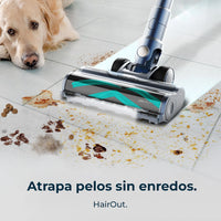 Aspirador escoba Cecotec Conga Rockstar RS70 Pet Flex en negro y dorado, con cepillo para animales y 65 min de autonomía.