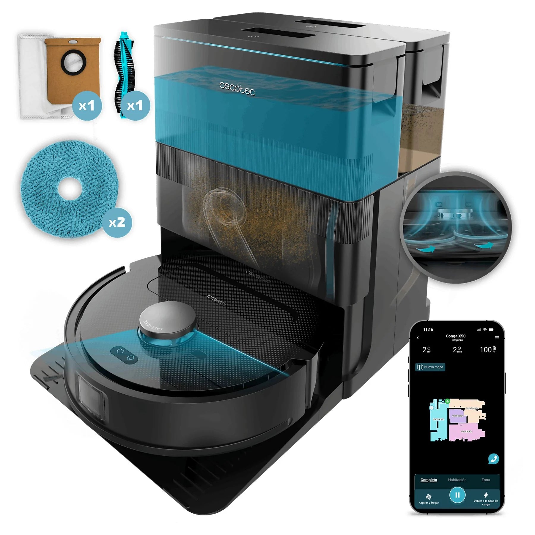 Cecotec Conga X50 black robot friegasuelos with laser navigation and spin mopping, 50 W, 240 min battery life.