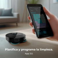 Cecotec Conga X50 robot friegasuelos in black, featuring laser navigation and 15000 Pa suction power.