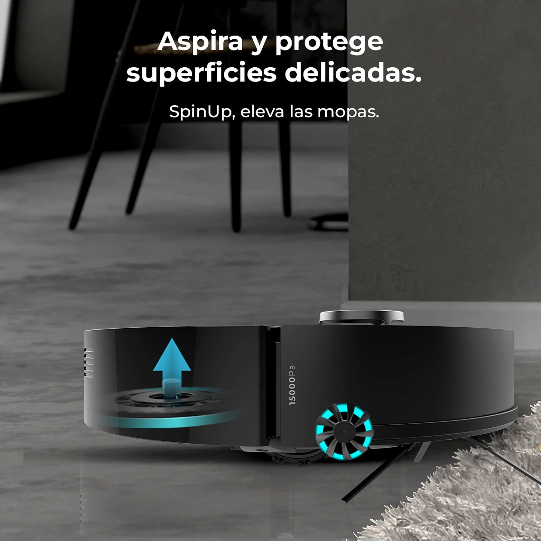 Cecotec Conga X50 robot friegasuelos in black, featuring laser navigation and spin mopping, 50W power, and 240 min runtime.