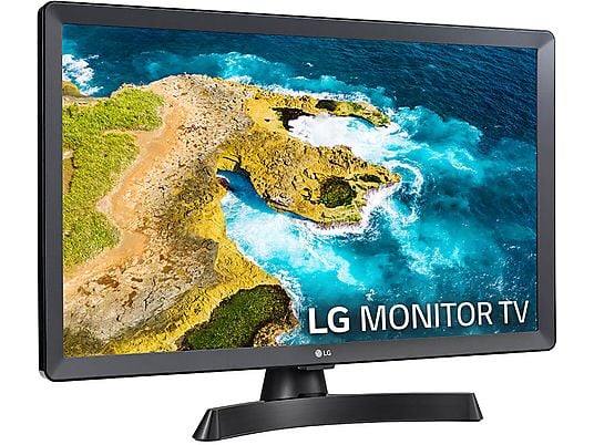 LG 24" LED TV 24TQ510S-PZ in black, showcasing HD display and smart features, ideal for compact spaces.