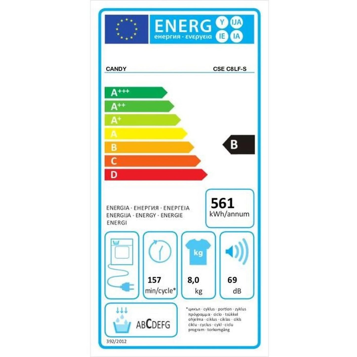 Secadora de condensación Candy 31102384 blanca, 8 kg, con 16 programas y diseño moderno.