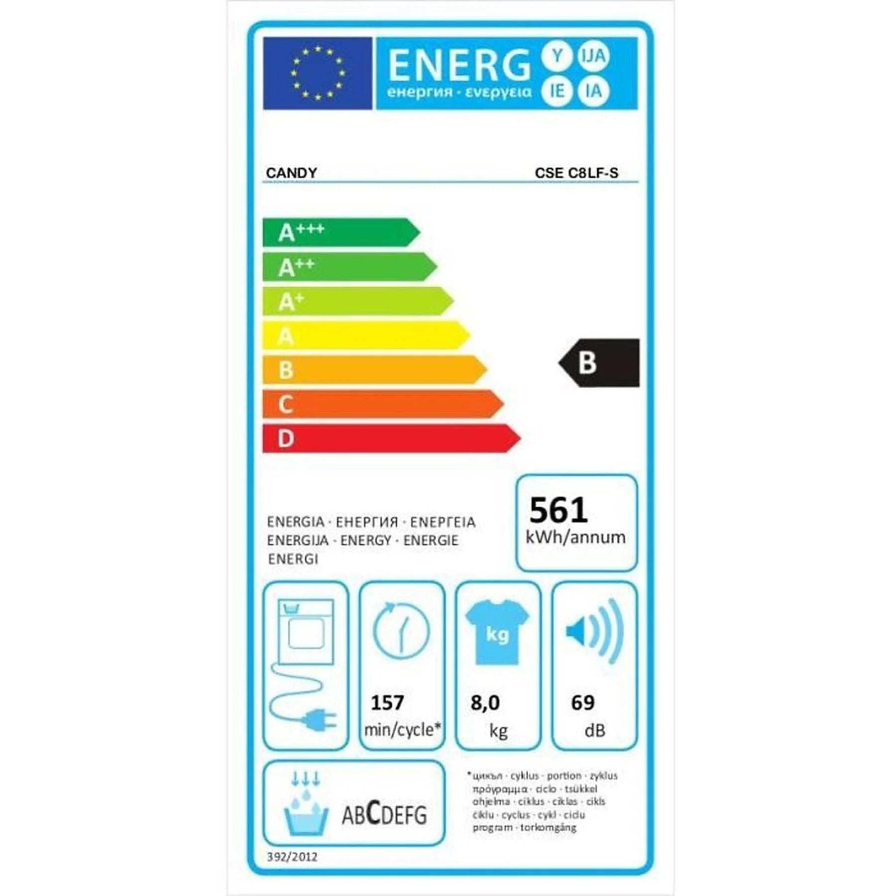 Secadora de condensación Candy 31102384 blanca, 8 kg, con 16 programas y diseño moderno.