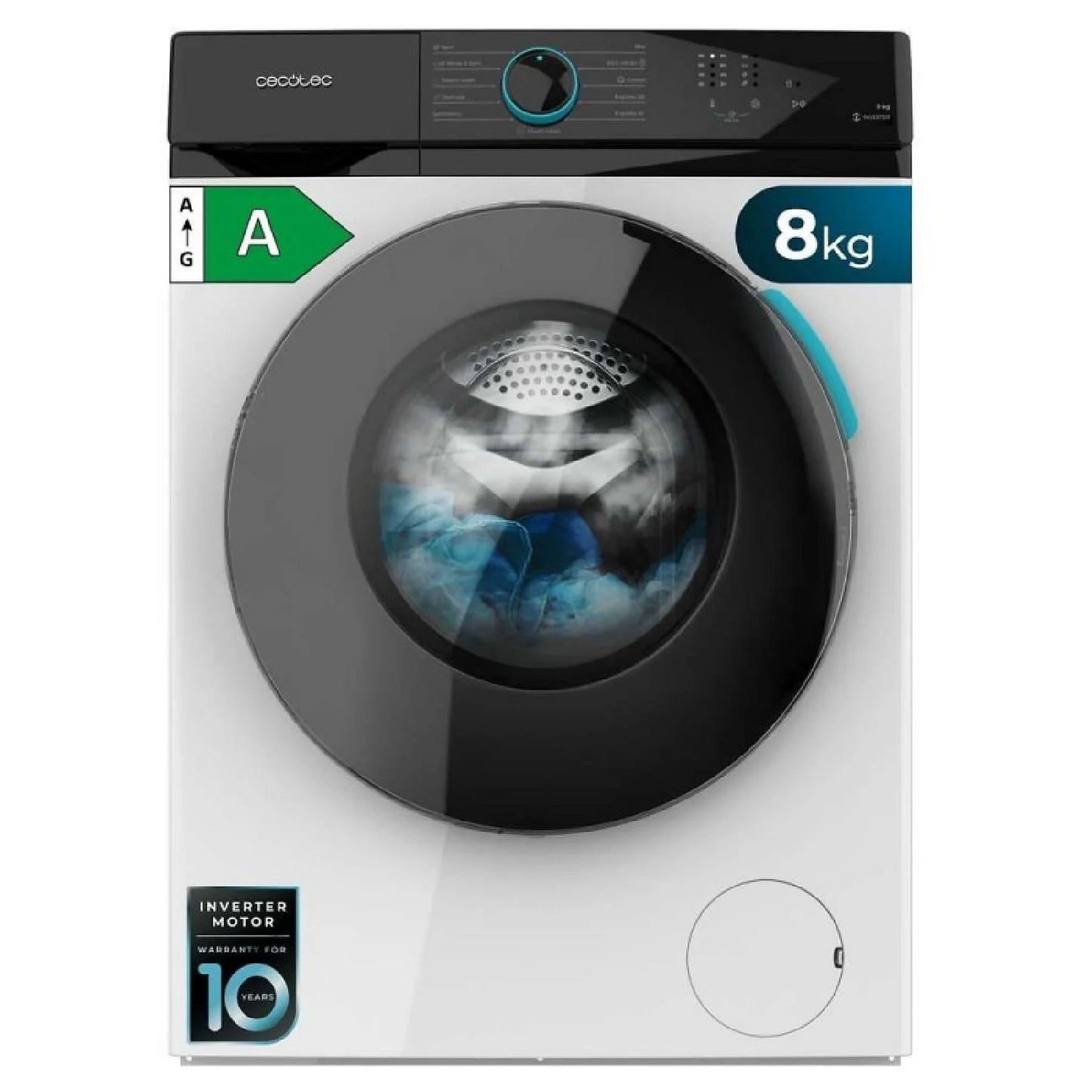 Cecotec Bolero DressCode 8110 Inverter front-loading washing machine with a sleek design and control panel visible.